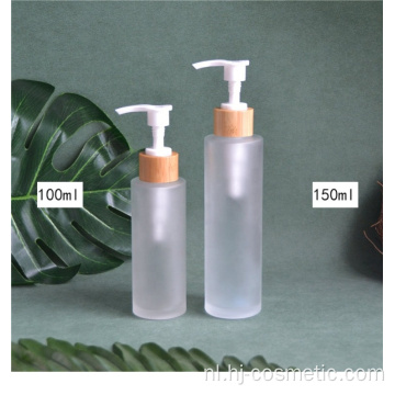 groothandel Frost 150ml glazen fles van 100 ml met bamboe houten lotion spuitpomp Aangepaste cosmetische verpakking